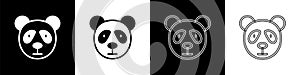 Set Cute panda face icon isolated on black and white background. Animal symbol. Vector