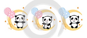 Set of cute pandas on the moon with balloons.