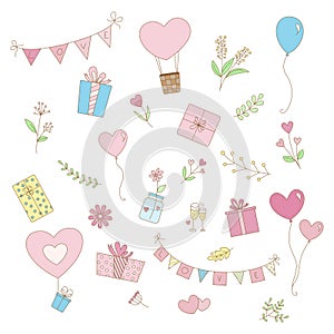 Set of cute pastel valentine elements with hearts, balloon, flowers, leaves, gift box