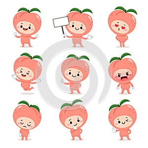Set of cute peach cartoon characters with various activities and emotions