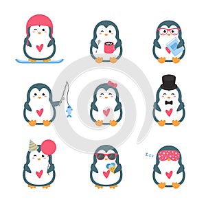 Set of cute penguin cartoon vector illustration