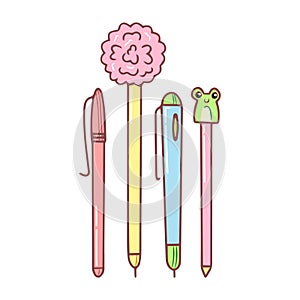 Set of cute pens. Kawaii pen with frog. Hand drawn stationery supplies doodle. Vector design illustration isolated on white