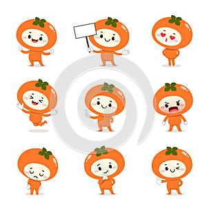 Set of cute persimmon cartoon characters with various activities and emotions