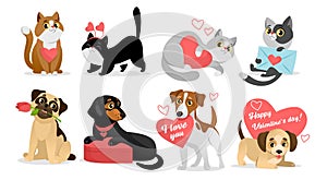 Set of cute pets for Valentines day. Love cards with cat and dog characters