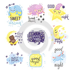 Set of cute pictures with the inscription Good night. Vector illustration on a white background.