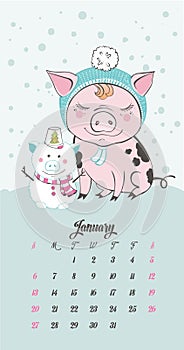 Set of cute pig cartoon characters. Chinese symbol of the 2019 year. Happy New Year. Cute funny piggy illustration.