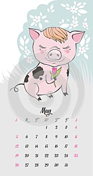 Set of cute pig cartoon characters. Chinese symbol of the 2019 year. Happy New Year. Cute funny piggy illustration.