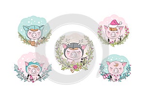 Set of cute pig cartoon characters. Chinese symbol of the 2019 year. Happy New Year. Cute funny piggy illustration.