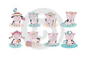 Set of cute pig cartoon characters. Chinese symbol of the 2019 year. Happy New Year. Cute funny piggy illustration.