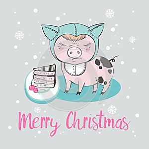 Set of cute pig cartoon characters. Chinese symbol of the 2019 year. Happy New Year. Cute funny piggy illustration.