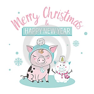 Set of cute pig cartoon characters. Chinese symbol of the 2019 year. Happy New Year. Cute funny piggy illustration.