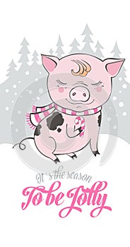 Set of cute pig cartoon characters. Chinese symbol of the 2019 year. Happy New Year. Cute funny piggy illustration.