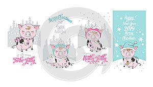 Set of cute pig cartoon characters. Chinese symbol of the 2019 year. Happy New Year. Cute funny piggy illustration.