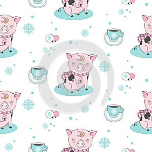 Set of cute pig cartoon seamless characters pattern. Chinese symbol of the 2019 year. Happy New Year. Cute funny piggy