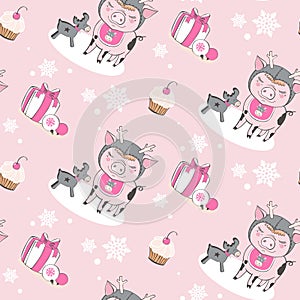 Set of cute pig cartoon seamless characters pattern. Chinese symbol of the 2019 year. Happy New Year. Cute funny piggy