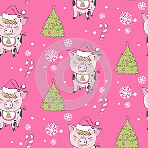 Set of cute pig cartoon seamless characters pattern. Chinese symbol of the 2019 year. Happy New Year. Cute funny piggy