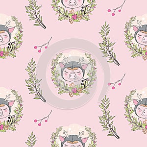 Set of cute pig cartoon seamless characters pattern. Chinese symbol of the 2019 year. Happy New Year. Cute funny piggy