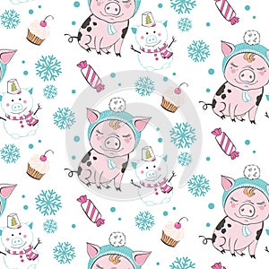 Set of cute pig cartoon seamless characters pattern. Chinese symbol of the 2019 year. Happy New Year. Cute funny piggy