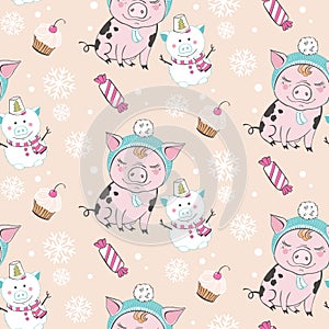 Set of cute pig cartoon seamless characters pattern. Chinese symbol of the 2019 year. Happy New Year. Cute funny piggy