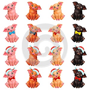 Set cute pigs with bow and cap