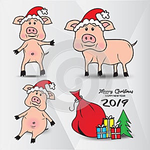 Set of Cute pigs in the hat of Santa Claus, gift boxes with Christmas tree, Vector image