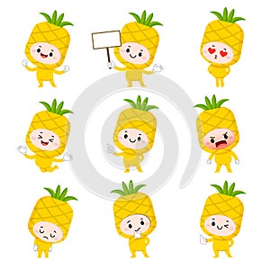 Set of cute pineapple cartoon characters with various activities and emotions