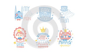 Set of cute pink and blue lettering and images for little girls and boys. Vector illustration.