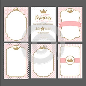 A set of cute pink templates for invitations. Vintage gold frame with crown. A little princess party.