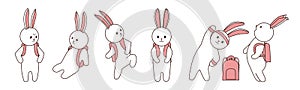 Set of cute pink vector bunnies. Hand drawn cartoon bunny with backpack in school. Cute character design. Rabbit schoolbgirl in fu