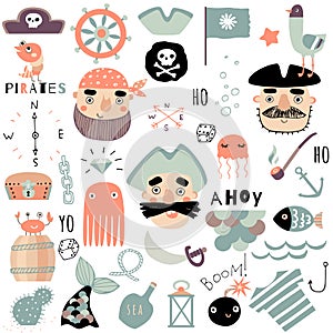 Set of cute piratical and nautical elements. Hand drawn vector illustration