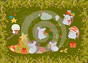 Set of Cute Playful Christmas Hedgehogs. Happy New Year, Merry Xmas Design Element