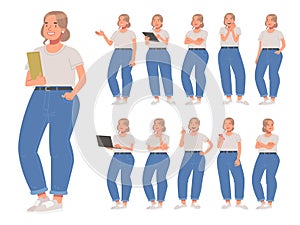 Set of cute plump girl character in various actions on a white background. Young woman thinks, uses laptops, phone, rejoices