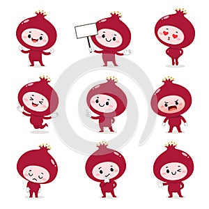 Set of cute pomegranate cartoon characters with various activities and emotions