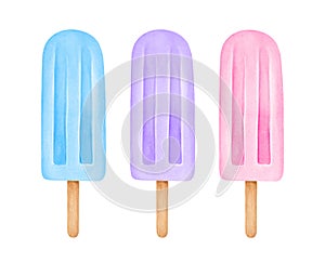 Set of cute popsicles in beautiful pastel colours: blue, lilac and pink.