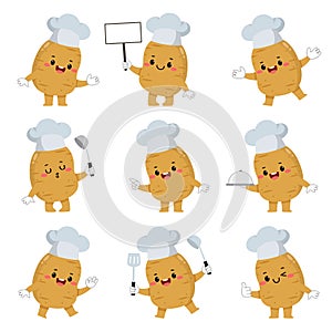 Set of cute potato chef cartoon characters with various activities