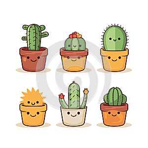 Set of cute potted cacti with smiling faces. Kawaii indoor plants in cheerful colors display happy emotions. Home decor