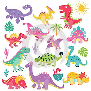 Set of cute prehistoric dinosaurs. Vector illustration