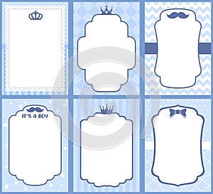 Set of cute prince blue templates for invitations. A little prince party. Wedding, boy birthday invite card.