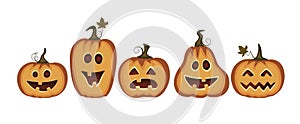 Set of cute Pumpkins, ghosts, spook, horror. Poster for happy Halloween. Isolated illustration for print, sticker. Scary fairy.