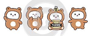 Set of cute rabbit wear teddy bear costume in various poses.Mascot character cartoon