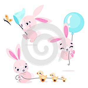 Set of cute rabbits with baloon, butterfly and ducks. Collection of bunny isolated on white background.