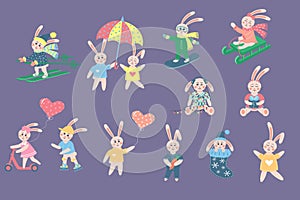 Set of cute rabbits. Funny boy and girl bunny in different poses and clothes