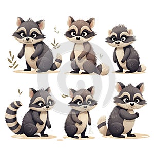 Set of cute raccoons on a white background