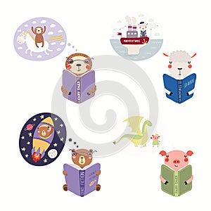 Set of cute reading animals