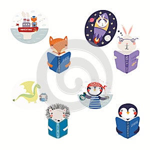 Set of cute reading animals