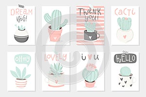 Set of 8 cute ready-to-use gift romantic postcards with succulents. photo