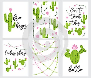 Set cute ready-to-use gift tags with cactus Printable collection of hand drawn in green colors