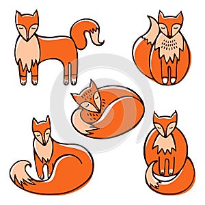 Set of cute red doodle foxes in various poses