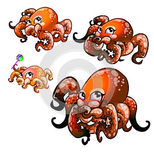 Set of cute red octopus isolated on white background. Vector cartoon close-up illustration.