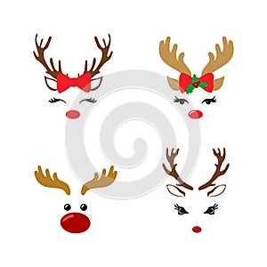 Set of a cute reindeer face with Christmas decoration. Vector illustration. Isolated on white background